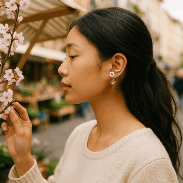 白桜×ピンクジルコニア × ゴールドマカバピアス（現品限定・1点のみ） - 画像 (2)