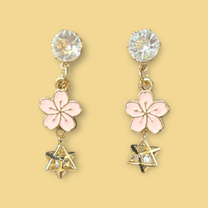 ピンク桜×クリアジルコニア × ゴールドマカバピアス（現品限定・1点のみ）